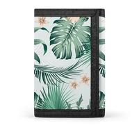 Portafoglio a tre ante con foglie di palma tropicale verde botanico e fiori beige, elegante borsa con portachiavi, porta carte di credito per scontrini, ricevute, donne e uomini, 5 x 3,3 x 0,2 pollici