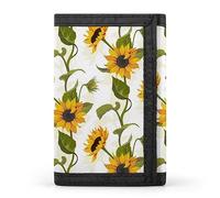 Portafoglio a tre ante con girasoli gialli e foglie verdi, texture floreale su bianco, elegante borsa con portachiavi, porta carte di credito per scontrini, ricevute, donne e uomini, 5 x 3,3 x 0,2 pol
