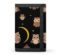 Portafoglio a tre ante con gufi di caffè, stelle, mezzaluna nella notte, senza cuciture su sfondo scuro, elegante borsa con portachiavi, porta carte di credito, porta carte di credito per scontrini, r