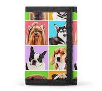 Portafoglio a tre ante con motivo a scacchi e ritratti di diverse razze di cani, elegante borsa con portachiavi, porta carte di credito per scontrini, ricevute, donne e uomini, 5 x 3,3 x 0,2 pollici