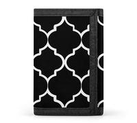 Portafoglio a tre ante con piastrelle marocchine nere senza soluzione di continuità e linee bianche, elementi tradizionali, elegante borsa con portachiavi, porta carte di credito, porta carte di credi