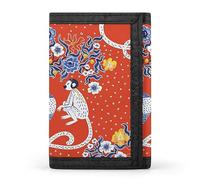 Portafoglio a tre ante con scimmiette bianche cinesi e fiori bianchi blu, pois bianchi su rosso, elegante borsetta con portachiavi, porta carte di credito per scontrini, ricevute, donne e uomini, 5 x