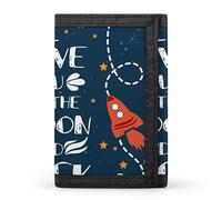 Portafoglio a tre ante con scritta "Ti amo fino alla luna e ritorno" a forma di razzo con mezzaluna, elegante borsa con portachiavi, porta carte di credito, per scontrini, ricevute, donne e uomini, 5