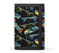 Portafoglio a tre ante con skateboard gialli e blu, macchie verdi e vernice nera, elegante borsa con portachiavi, porta carte di credito per scontrini, ricevute, donne e uomini, 5 x 3,3 x 0,2 pollici