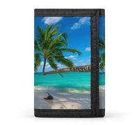 Portafoglio a tre ante con spiaggia tropicale di sabbia bianca, palma verde e mare turchese, elegante borsa con portachiavi, porta carte di credito per scontrini, ricevute, donne e uomini, 5 x 3,3 x 0