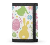 Portafoglio a tre ante con uova tribali etniche colorate per il giorno di Pasqua, coniglietti e fiori su bianco, elegante borsa con portachiavi, porta carte di credito per scontrini, ricevute, donne e