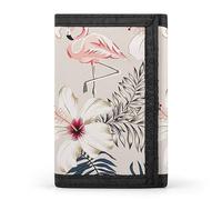 Portafoglio a tre ante retrò con fenicotteri rosa, foglie di palma e fiori di ibisco bianchi su beige, elegante borsa con portachiavi, porta carte di credito per scontrini, ricevute, donne e uomini, 5