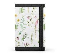 Portafoglio a tre ante senza cuciture con fiori selvatici primaverili, rosa, verdi e gialli, su bianco, elegante borsa con portachiavi, porta carte di credito per scontrini, ricevute, donne