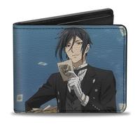 Portafoglio Black Butler, Bifold, Black Butler Sebastian Sky Scene Pose e Logo Titolo Blu, Pelle Vegana