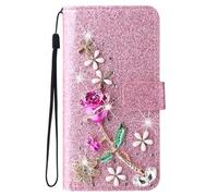 Portafoglio Bling for Motorola MOTO G10/G30/G20 Custodia Con Fiore di Rosa Tridimensionale 3D Strass Design Brillantini Glitters Flip Caso in Pelle PU Portafoglio con Interno TPU Protettiva - Pink