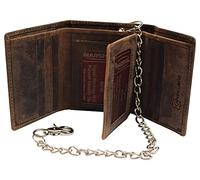 MARSHAL Portafoglio classico a tre ante in vera pelle con blocco RFID da uomo, Marrone con catena, Portafoglio con catena a tre ante