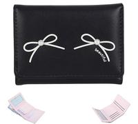 Portafoglio con fiocco carino per donna, mini portafoglio a tre ante, porta carte di credito alla moda in pelle PU con finestra portadocumenti (Black)