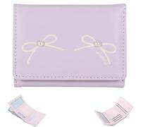 Portafoglio con fiocco carino per donna, mini portafoglio a tre ante, porta carte di credito alla moda in pelle PU con finestra portadocumenti (Purple)