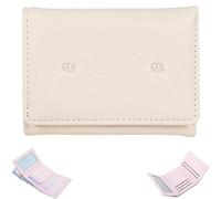Portafoglio con fiocco carino per donna, mini portafoglio a tre ante, porta carte di credito alla moda in pelle PU con finestra portadocumenti (White)