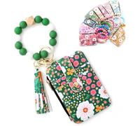 Portafoglio con perline in stile bohémien, portachiavi con nappe e nappe, portafoglio con più scomparti per schede, motivo floreale per donne, design pronto per regali (viola chiaro), Verde, Taglia
