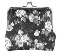 Portafoglio con stampa animale da donna in pelle con chiusura a bacio, elegante monocromatico floreale nero portafoglio con cambiamento, Chic monocromatico floreale nero, UNITALLA Chic monocromatico