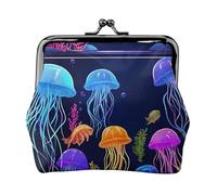 Portafoglio da donna con chiusura a doppia chiusura con stampa di meduse colorate, struttura in metallo, in pelle, con chiusura a bacio, portamonete, Nero , Taglia unica
