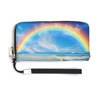 Portafoglio da donna con cinturino da polso in pelle con arcobaleno sopra il mare nuvole e stelle marine sulla spiaggia, Stile:, 20.0*10.5cm