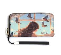 Portafoglio da donna con cinturino da polso in pelle con immagine di una donna con uccellino che suona il pianoforte, Stile:, 20.0*10.5cm