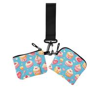 Portafoglio da donna con doppio portamonete e porta carte di credito, con cerniera, portatile, con portachiavi, per donna, 2 pezzi, Dolce torta cartone animato blu rosa, 1 size, Casual