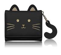Portafoglio da donna con gatto carino - Elegante portafoglio pieghevole a tre pieghe con faccia di gatto adorabile con protezione per documenti d'identità - nero