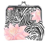 Portafoglio da donna con stampa zebrata nera e rosa in pelle con chiusura bacio, stampa zebra nera floreale rosa, UNITALLA Classic, stampa zebra nera floreale rosa, Stampa Zebra Nera Floreale Rosa
