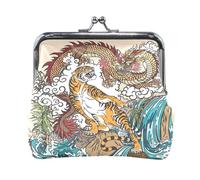 Portafoglio da donna in pelle con 3 portamonete, porta carte con chiusura a scatto, portamonete con chiusura a scatto, pochette da tasca, piccola borsa con fibbia, stampa drago cinese contro tigre cas