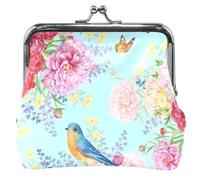 Portafoglio da donna in pelle con disegno di uccello floreale rosa e blu con fibbia per il cambio per ragazze, Pink Floral Bird Blue, UNITALLA Classic, Pink Floral Bird Blue, UNITALLA Classic, Rosa