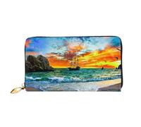 Portafoglio da donna in pelle di grande capacità, borsa lunga, pochette porta carte di credito, portamonete, portafoglio per donne e uomini, motivo: nave pirata al tramonto, nave pirata nel tramonto,