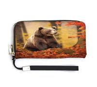 Portafoglio da donna, orso marrone in autunno stampa cluth, portafoglio in pelle PU con cerniera intorno, cinturino da polso, borsa lunga, stile, 20 x 10,5 cm, moderno