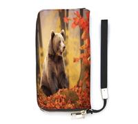Portafoglio da donna, orso marrone in autunno stampa cluth, portafoglio in pelle PU con cerniera intorno, cinturino da polso, borsa lunga, stile, 20 x 10,5 cm, moderno