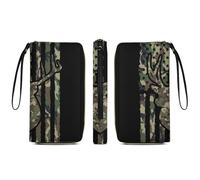 Portafoglio da donna, porta carte in pelle PU impermeabile, organizer, motivo mimetico cervo, bandiera americana, da caccia, con cerniera nera, borsa lunga con più scomparti per carte
