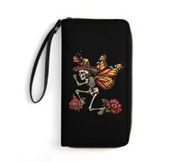 Portafoglio da polso con teschio e farfalla monarca con teschio del giorno dei morti, per uomo e donna, portafoglio lungo in pelle con cordino per carte di credito, Stile:, 19.7x10.5cm