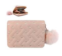 Portafoglio donna piccolo, morbido ricamo cuore rosa piccoli portafogli con zip Peluche palla Pendente moneta borsa per le donne ragazze adolescenti