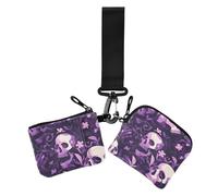 Portafoglio doppio da donna viola con teschio di fiori misteriosi, porta biglietti da visita, sottile, portatile, portachiavi, portamonete con tasca con cerniera, per uso quotidiano, 2 pezzi, Cranio