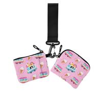 Portafoglio doppio da polso estivo con camioncino dei gelati rosa per le donne piccolo portafoglio portatile portachiavi portamonete con tasca con cerniera per signora 2 pezzi, Camion gelato rosa