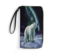 Portafoglio grande novità orso polare aurora boreale stampa portafoglio lungo con cerniera portafoglio in pelle adatto sia per uomini che per donne, stile, 19,7 x 10,5 cm