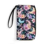 Portafoglio in pelle con fiori celestiali e luna, pochette da donna con cin