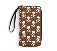 Portafoglio in pelle marrone con teschio e croci, pochette da donna con cin