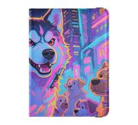 Portafoglio in pelle per passaporto e carte di vaccino, organizer per documenti di viaggio, porta passaporto, con slot per carte di vaccino per viaggi essenziale impermeabile, Scena Neon Husky, 1 size