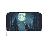 Portafoglio in pelle PU con cerniera per donna e uomo, modello Wolf and Moon, porta carte di credito, pochette lunga