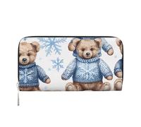 Portafoglio in pelle PU con motivo orso e fiocco di neve per donna e uomo, con cerniera, porta carte di credito, pochette lunga