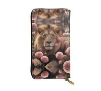 Portafoglio in pelle stampata con leone tra i fiori rosa, 19,1 x 10,4 cm, porta carte di credito, portafoglio portatile da viaggio