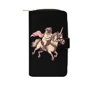 Portafoglio lungo da donna in pelle PU con carlino che cavalca un unicorno, organizer per ufficio e viaggio