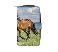 Portafoglio lungo in pelle con cavallino che corre sul campo, portafoglio per assegni, classico, bifold da donna, pochette con finestra ID