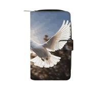 Portafoglio lungo in pelle con colomba bianca che vola al sole, portafogli classico bifold da donna con finestra ID
