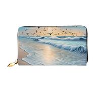 Portafoglio lungo in pelle con onde del tramonto sulla spiaggia, borsa in morbida pelle PU di grande capacità per donna con più scomparti per carte, tasca per telefono e portamonete con cerniera, eleg