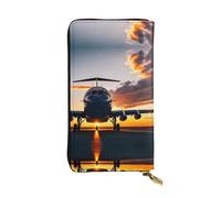 Portafoglio lungo in pelle con stampa aereo al tramonto - Portafoglio personalizzato alla moda, scomparti multipli per carte, pronto regalo, nero, Taglia unica