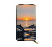 Portafoglio lungo in pelle con stampa delfini tramonto - Portafoglio personalizzato alla moda, scomparti multipli per carte, pronto regalo, nero, Taglia unica