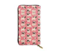 Portafoglio lungo in pelle con stampa di un cucciolo di carlino dei cartoni animati, portafoglio alla moda personalizzato, scomparti multipli per schede, pronto per il regalo, nero, Taglia unica